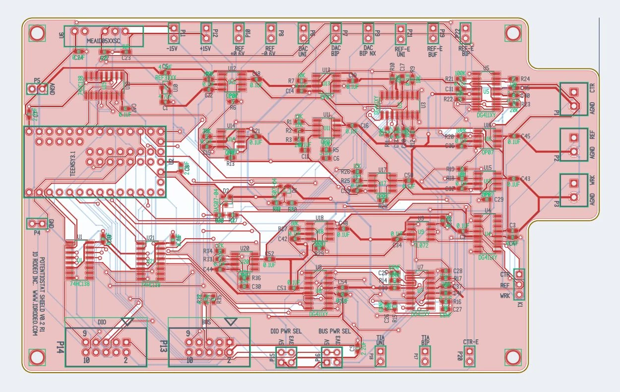 Rodeostat board routed by ProtoFlow Studio, 2D view