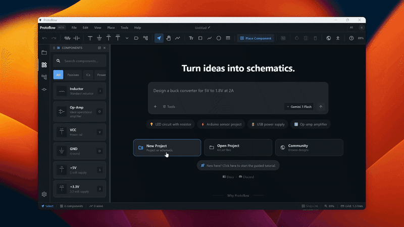 Creating a new schematic from the ProtoFlow welcome screen