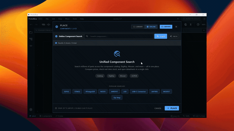 Searching the online LCSC component library in ProtoFlow